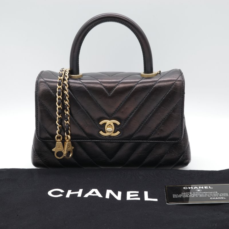 Chanel 香奈兒 Medium Coco  黑色 人字紋 牛皮 金釦 鍊條包 手提包-0