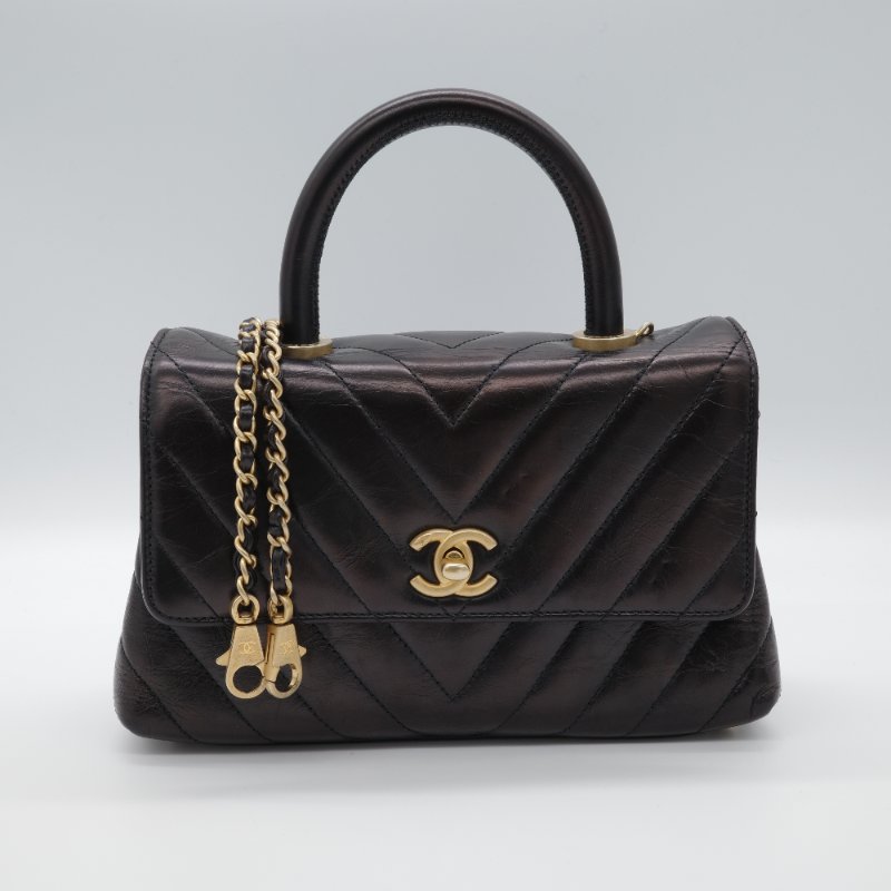 Chanel 香奈兒 Medium Coco  黑色 人字紋 牛皮 金釦 鍊條包 手提包-1