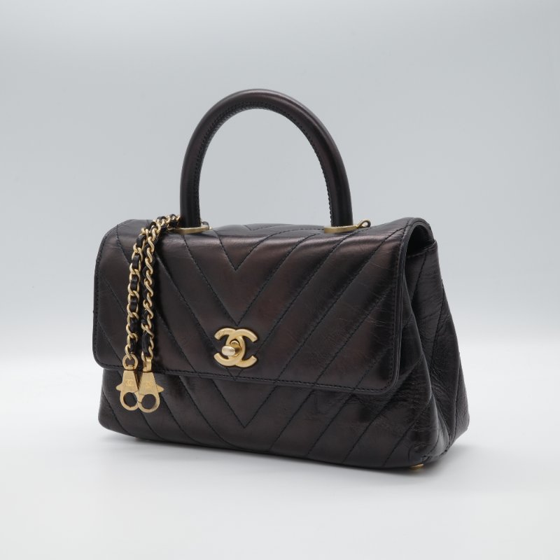 Chanel 香奈兒 Medium Coco  黑色 人字紋 牛皮 金釦 鍊條包 手提包-2