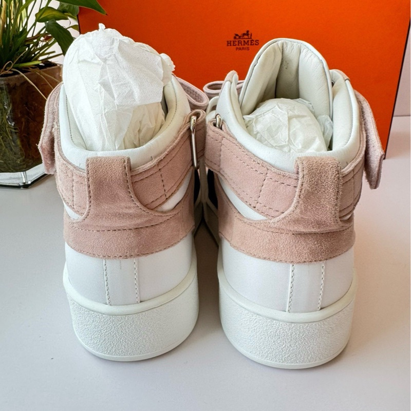 99.9新 未使用過HERMES愛馬仕 Freestyle 皮革 圓頭系帶 板鞋 女款 粉白黑  尺碼38.5碼-3