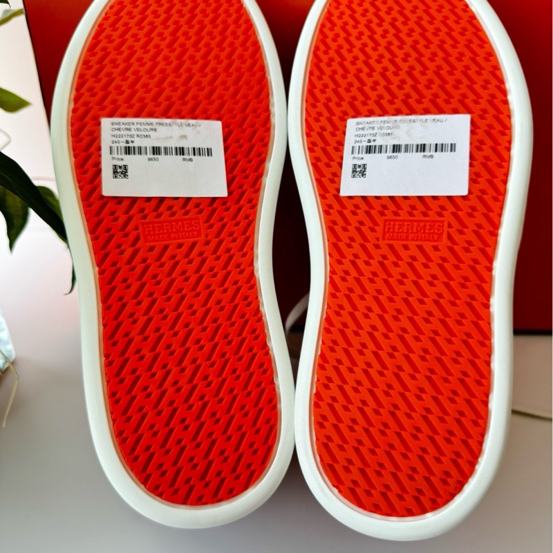 99.9新 未使用過HERMES愛馬仕 Freestyle 皮革 圓頭系帶 板鞋 女款 粉白黑  尺碼38.5碼-4