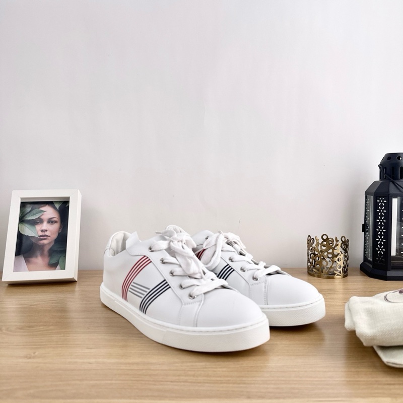 98新 HERMES愛馬仕-白色皮革多色H低幫系帶板鞋休閒鞋～41碼-0