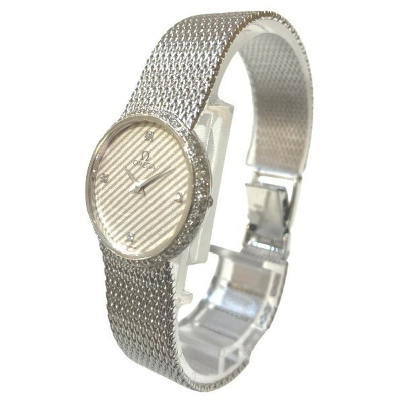 歐米茄石英機芯 1365 按壓式錶冠 18K 白金 4 鑽錶圈 女士腕錶-1