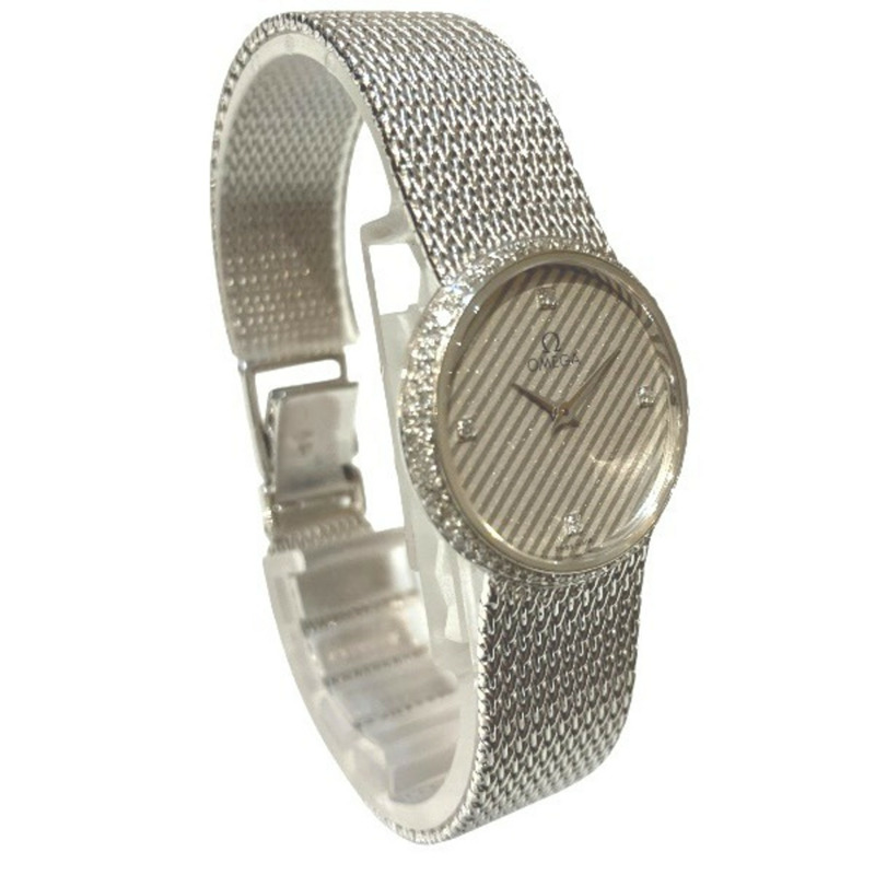 歐米茄石英機芯 1365 按壓式錶冠 18K 白金 4 鑽錶圈 女士腕錶-2