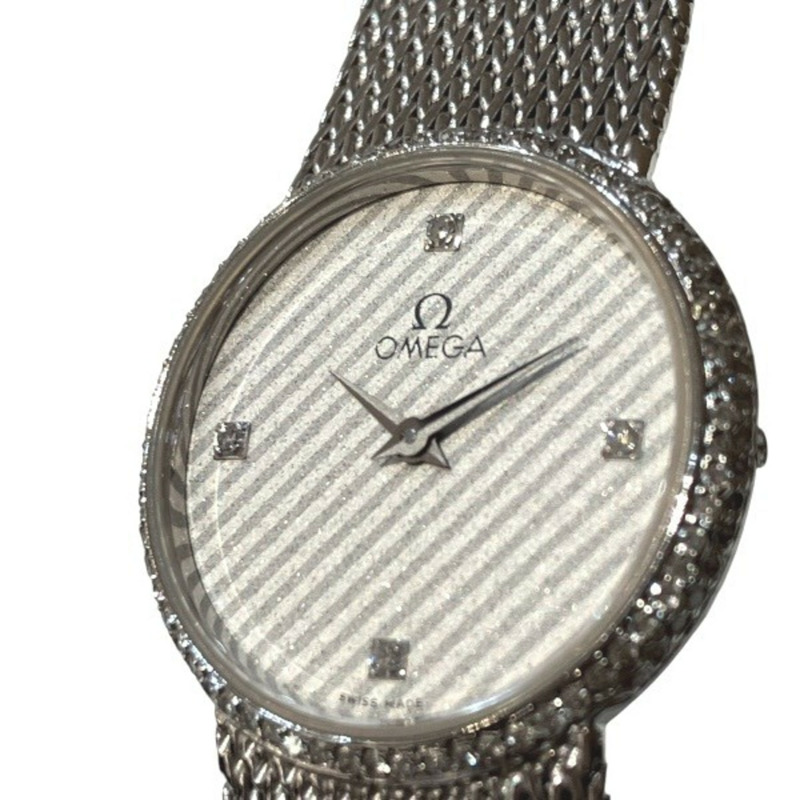 歐米茄石英機芯 1365 按壓式錶冠 18K 白金 4 鑽錶圈 女士腕錶-3