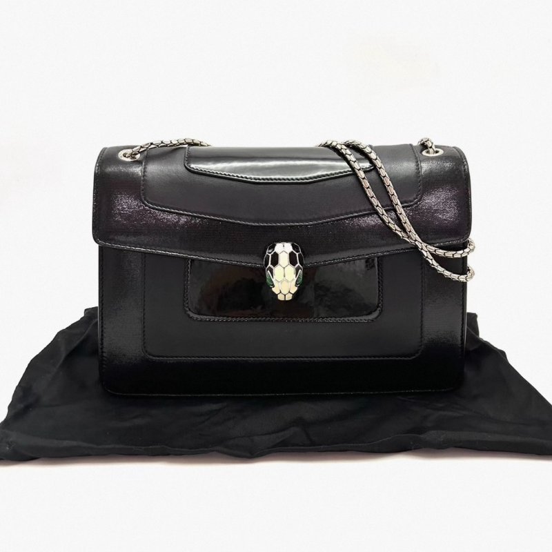 BVLGARI 中號黑色蛇頭風琴包 27*18*4 98新配件塵袋-0