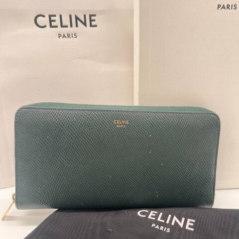 Celine 思琳 綠色 荔枝紋小牛皮 拉鍊 長夾