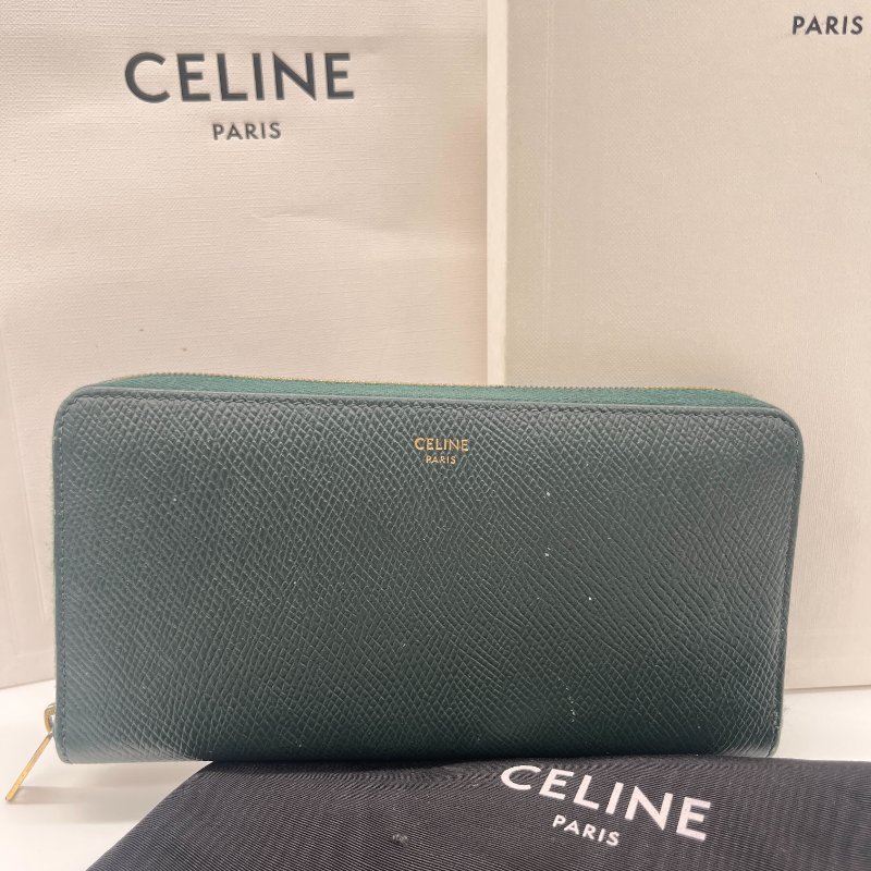 Celine 思琳 綠色 荔枝紋小牛皮 拉鍊 長夾-0