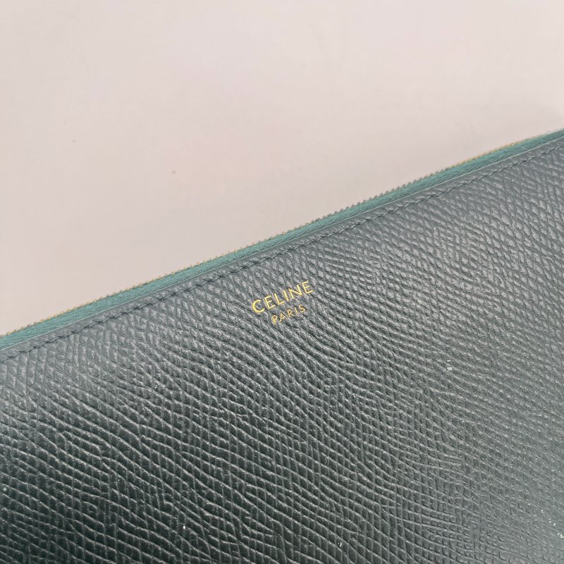 Celine 思琳 綠色 荔枝紋小牛皮 拉鍊 長夾-6