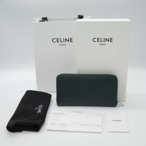 Celine 思琳 綠色 荔枝紋小牛皮 拉鍊 長夾