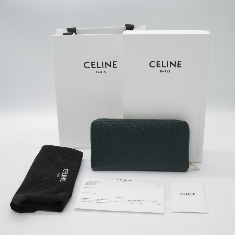 Celine 思琳 綠色 荔枝紋小牛皮 拉鍊 長夾-0