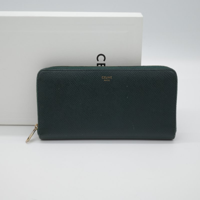 Celine 思琳 綠色 荔枝紋小牛皮 拉鍊 長夾-2