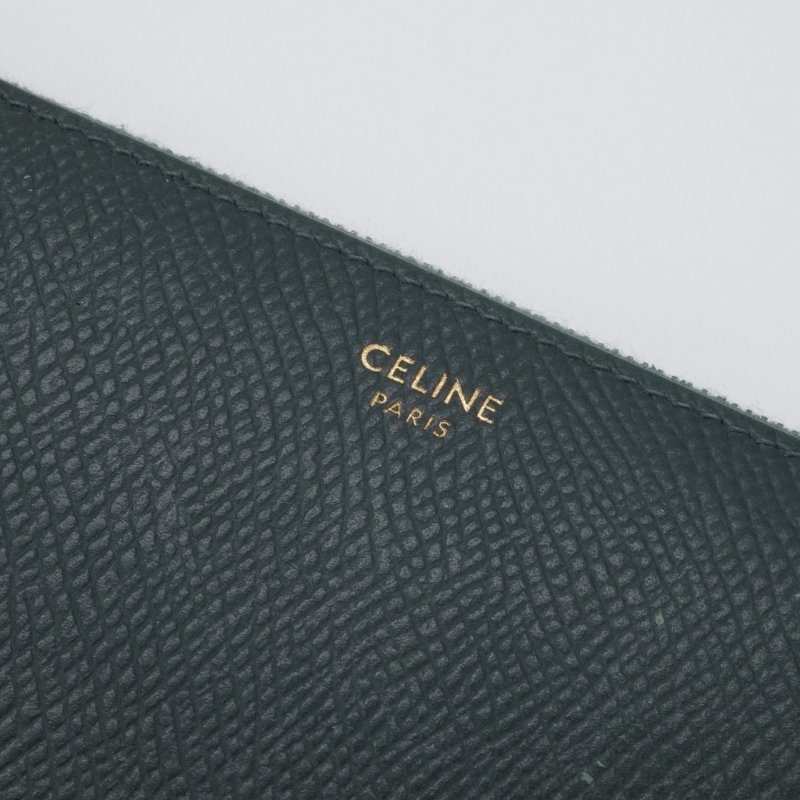 Celine 思琳 綠色 荔枝紋小牛皮 拉鍊 長夾-5