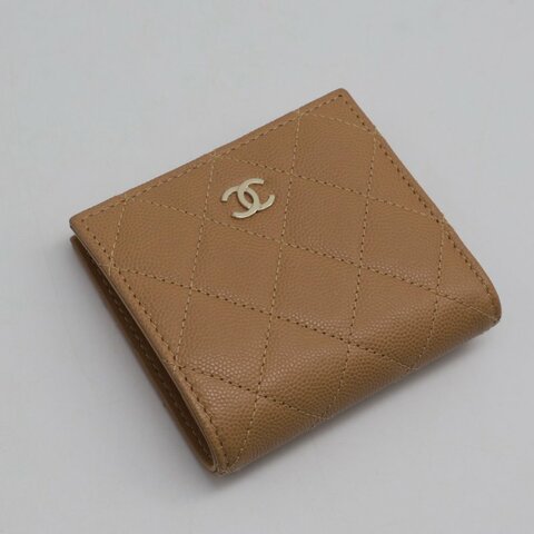 CHANEL 雙折粒面牛皮短夾 - 焦糖金