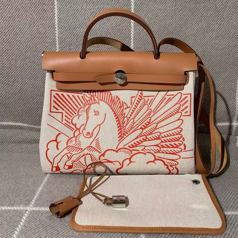 Hermes愛馬仕Herbag31橙色牛皮拼帆布 z刻