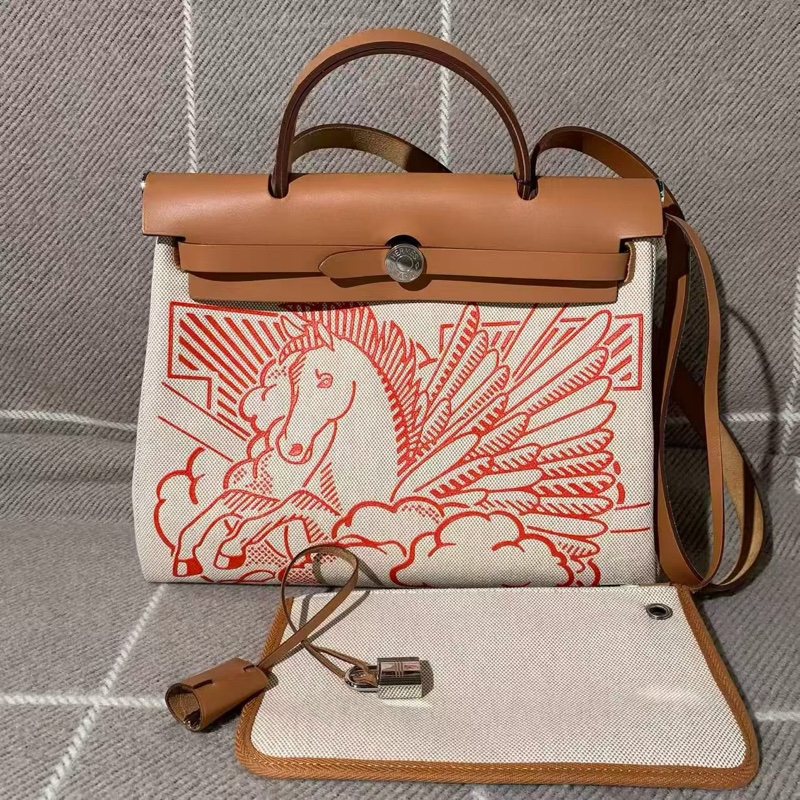 Hermes愛馬仕Herbag31橙色牛皮拼帆布 z刻-0