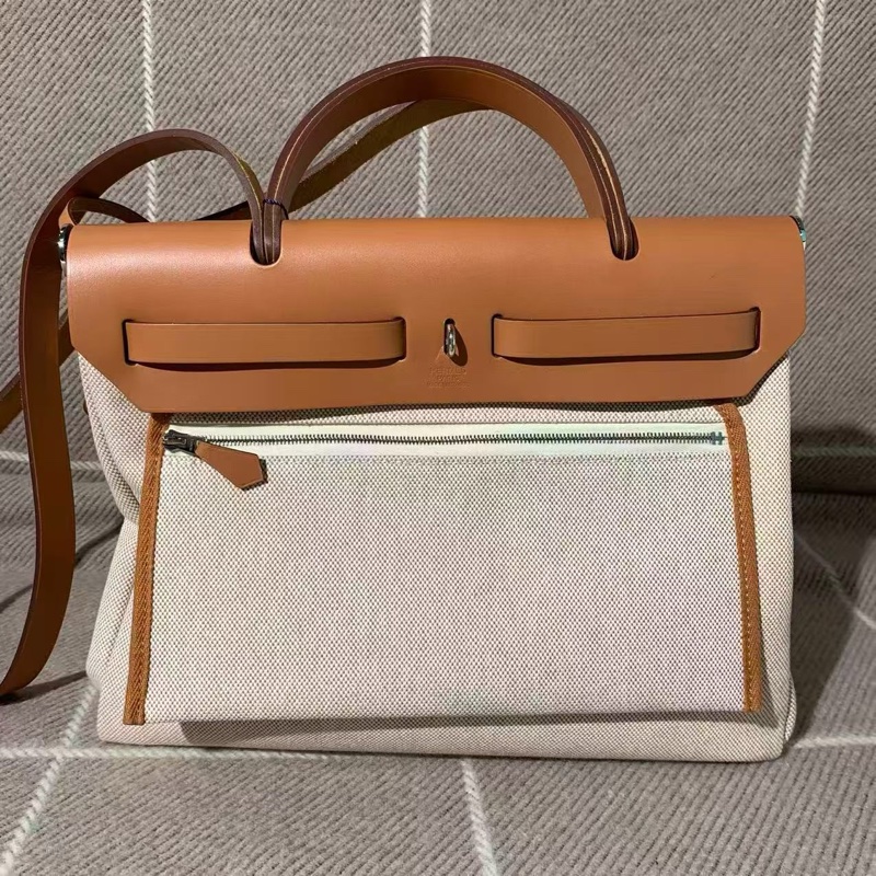 Hermes愛馬仕Herbag31橙色牛皮拼帆布 z刻-1