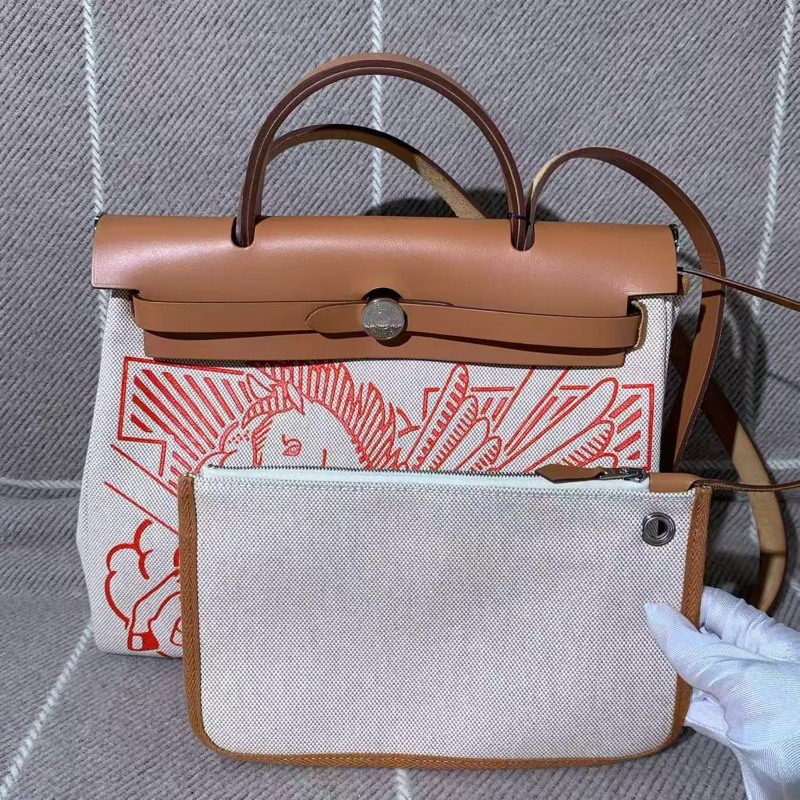 Hermes愛馬仕Herbag31橙色牛皮拼帆布 z刻-4