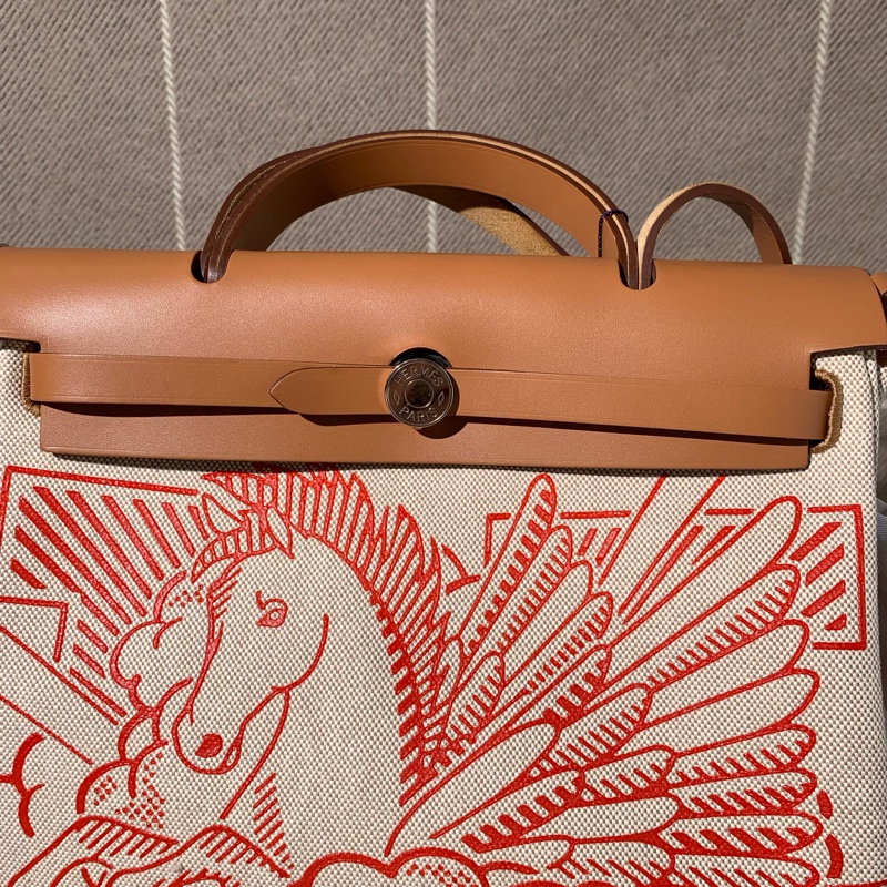 Hermes愛馬仕Herbag31橙色牛皮拼帆布 z刻-8