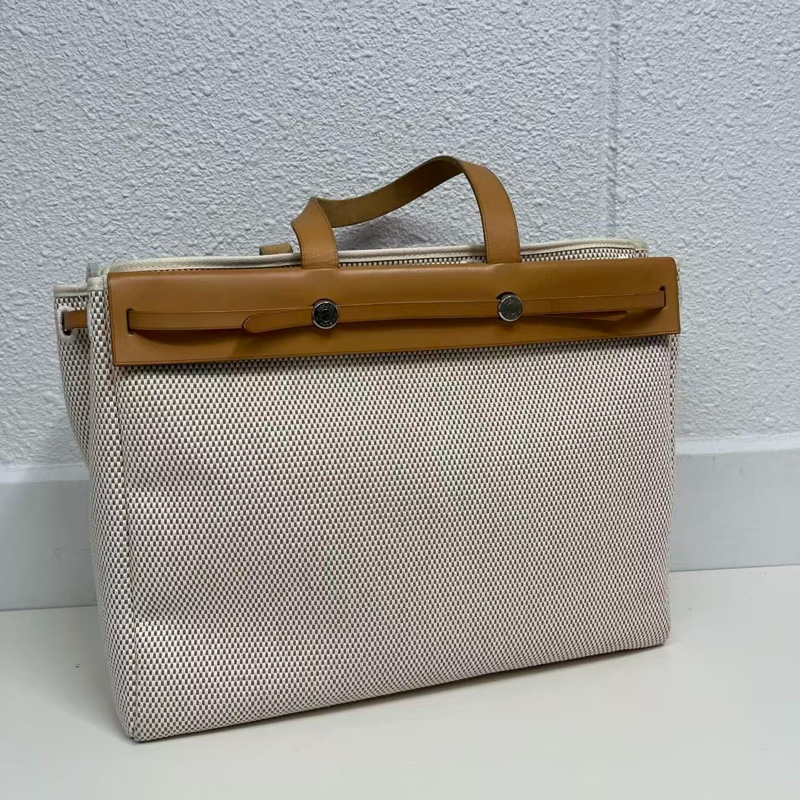 「JL精品代購」98新愛馬仕卡其棕色帆布拼皮herbag中號 附小號横版替換袋-0