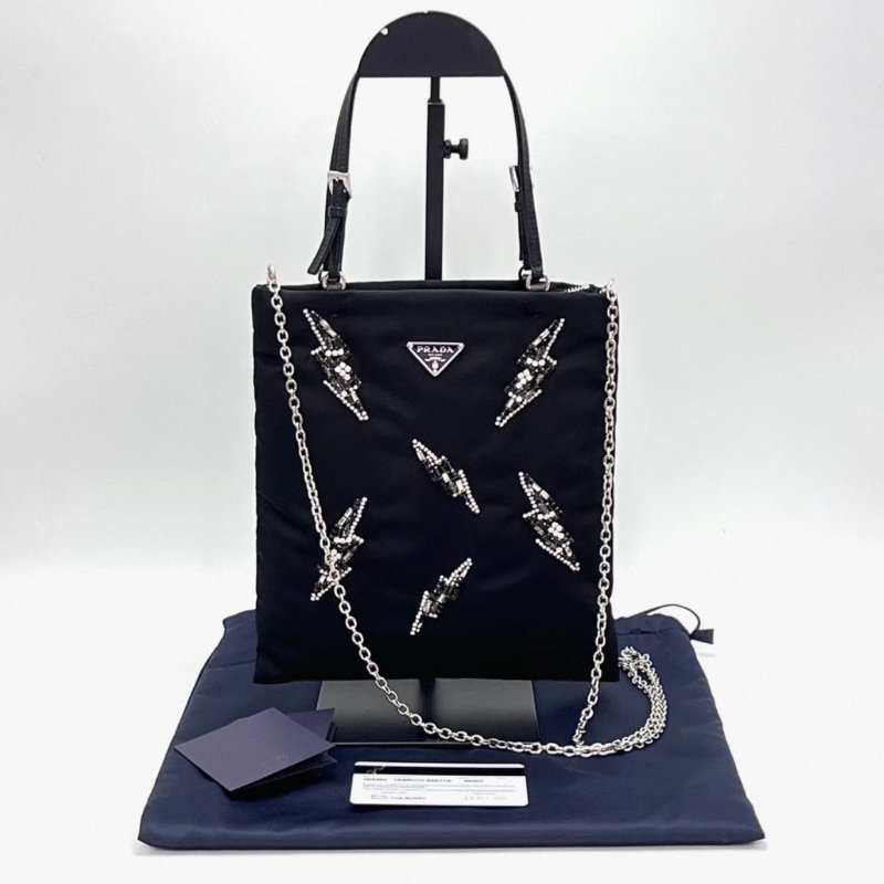 PRADA 黑色尼龍閃電鑽飾mini手提托特包 21*223 全新閒置配件塵袋保卡-1