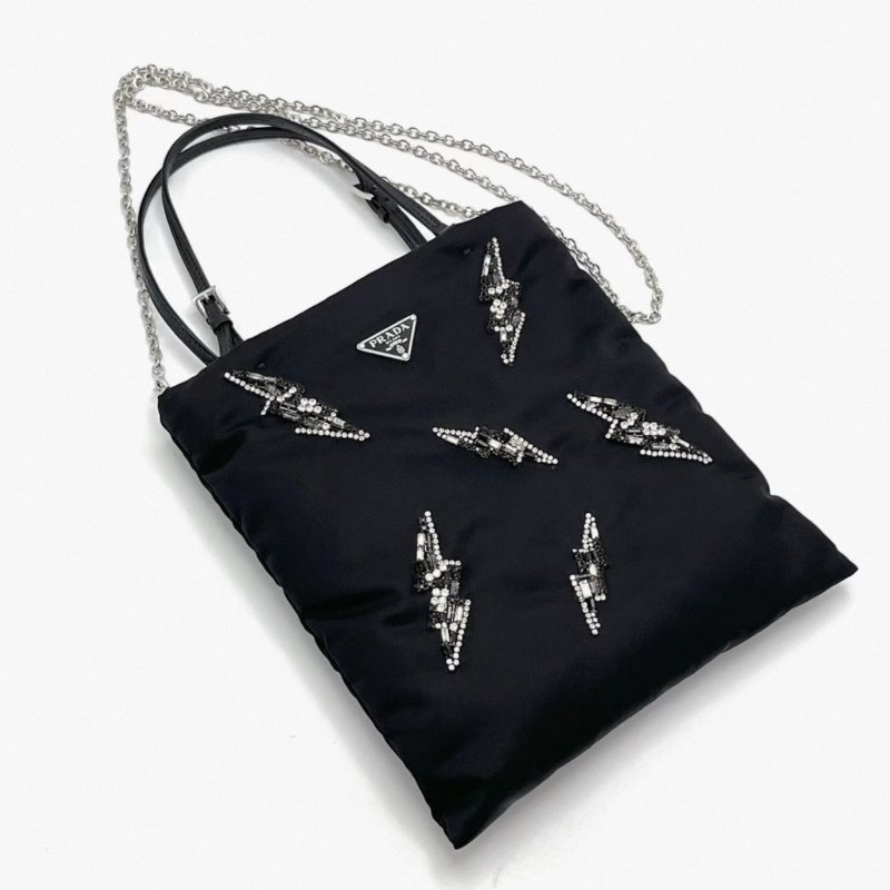 PRADA 黑色尼龍閃電鑽飾mini手提托特包 21*223 全新閒置配件塵袋保卡-2