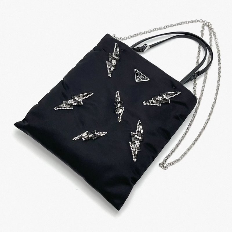 PRADA 黑色尼龍閃電鑽飾mini手提托特包 21*223 全新閒置配件塵袋保卡-3