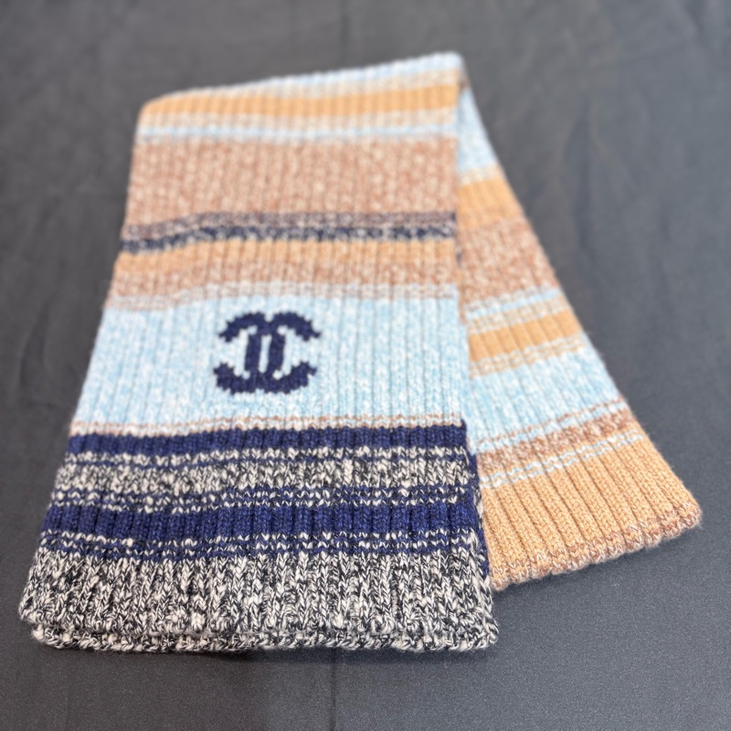 CHANEL 藍咖羊毛粗針織圍巾-0