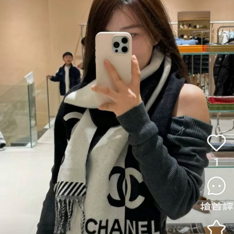 CHANEL香奈兒 🎀現貨 🎀 24K雙色撞色/拼色圍巾~(近新品)-5