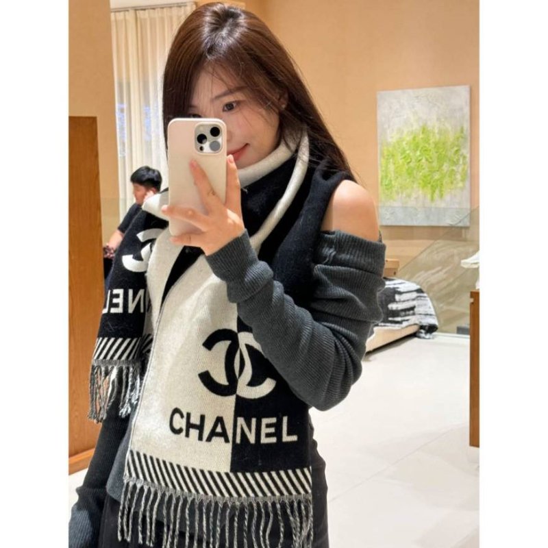 CHANEL香奈兒 🎀現貨 🎀 24K雙色撞色/拼色圍巾~(近新品)-6