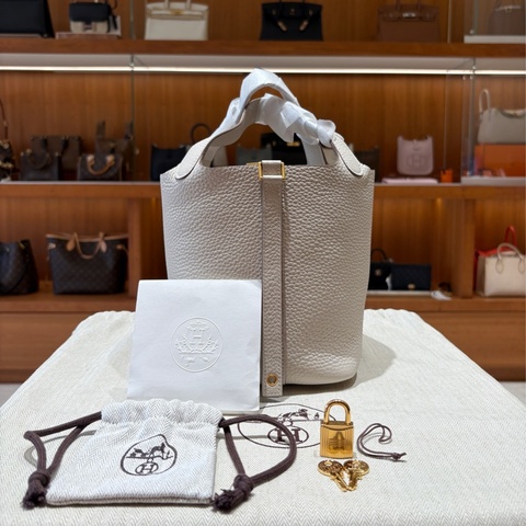 Hermès 愛馬仕 Picotin 18 菜籃子 手提包 冰川白 金扣