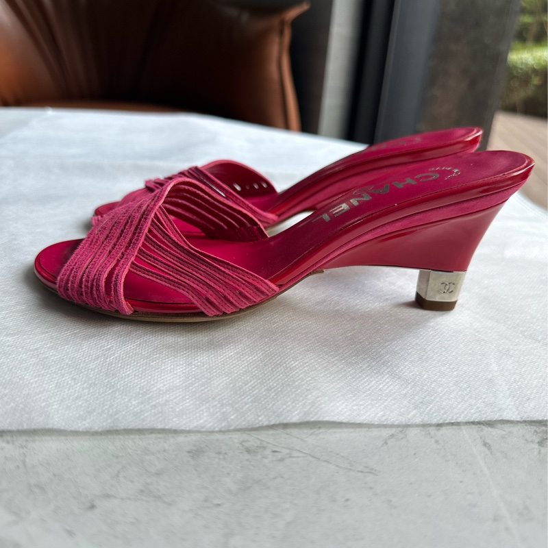 CHANEL桃紅色交叉高跟涼鞋35.5-2