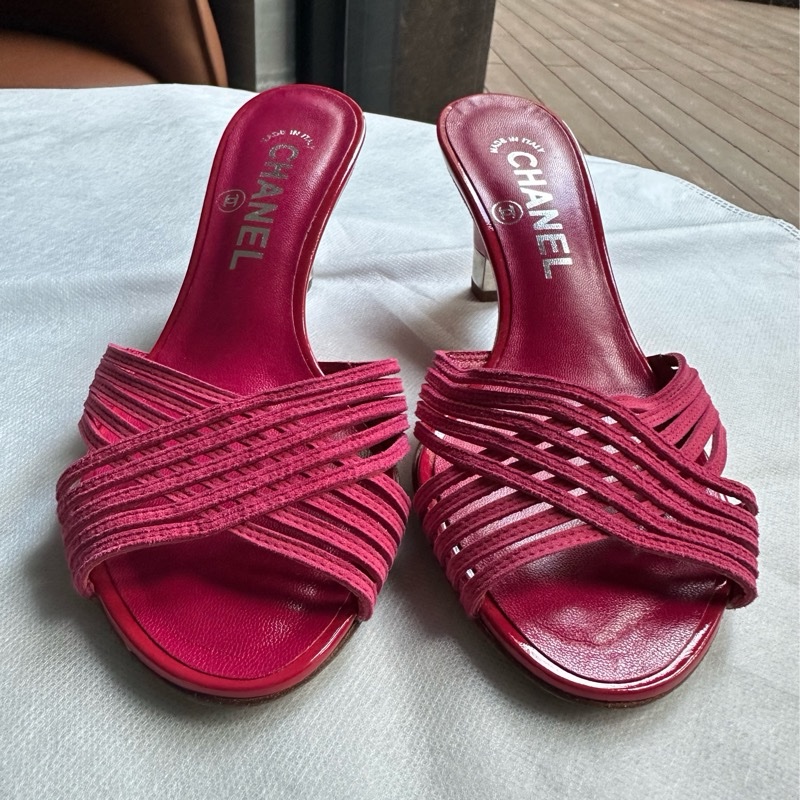 CHANEL桃紅色交叉高跟涼鞋35.5-6