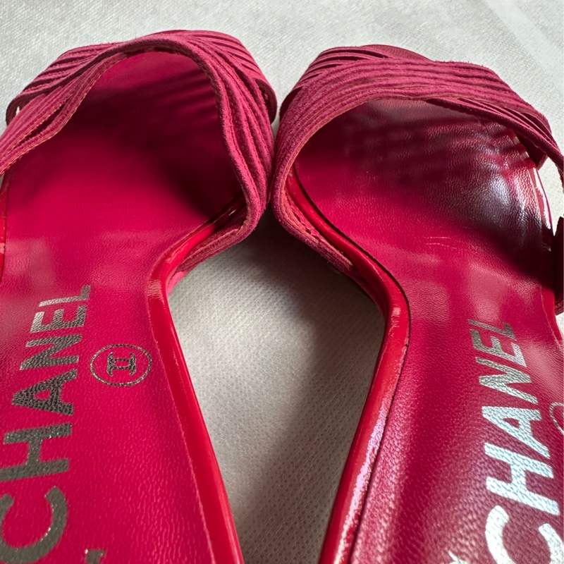 CHANEL桃紅色交叉高跟涼鞋35.5-8