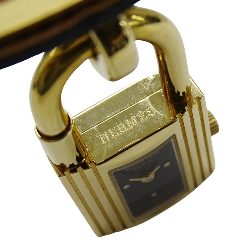 愛馬仕 Kelly 女士石英腕錶,QZ GP,皮革錶帶,金色錶盤,黑色錶殼,○Z-4