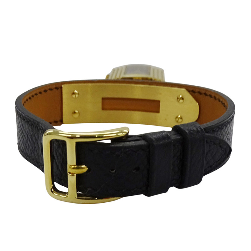 愛馬仕 Kelly 女士石英腕錶,QZ GP,皮革錶帶,金色錶盤,黑色錶殼,○Z-5