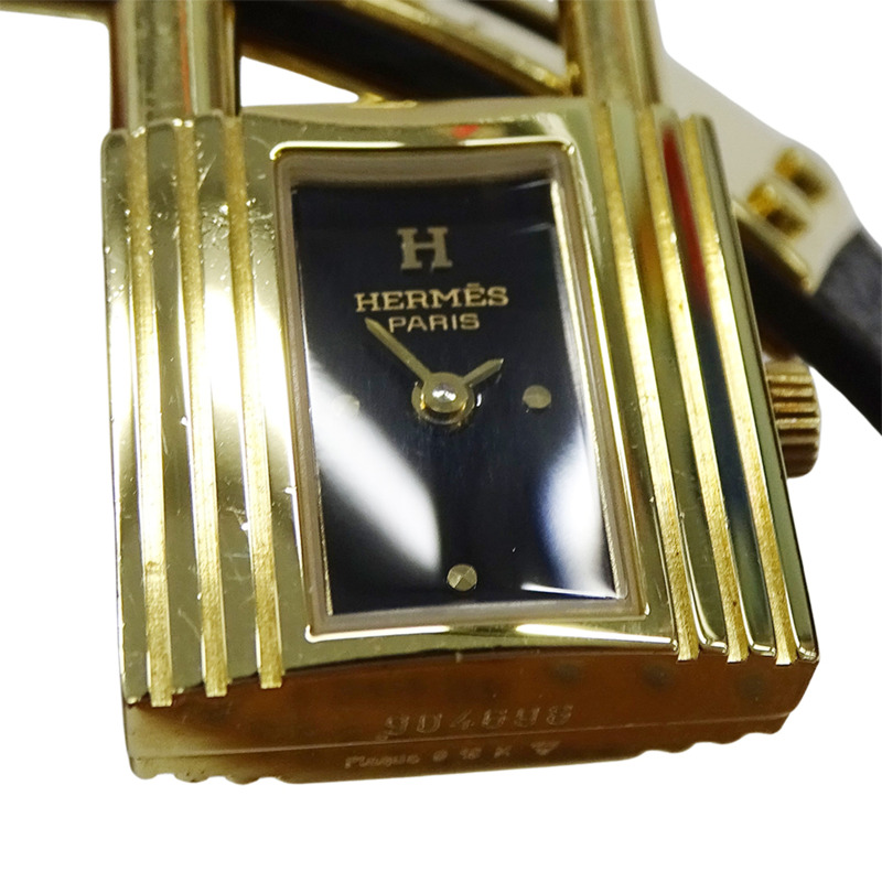 愛馬仕 Kelly 女士石英腕錶,QZ GP,皮革錶帶,金色錶盤,黑色錶殼,○Z-9