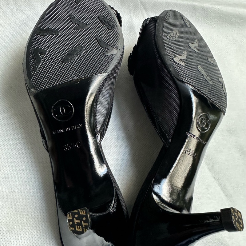 CHANEL黑色網眼皮革山茶花高跟涼鞋35.5-8