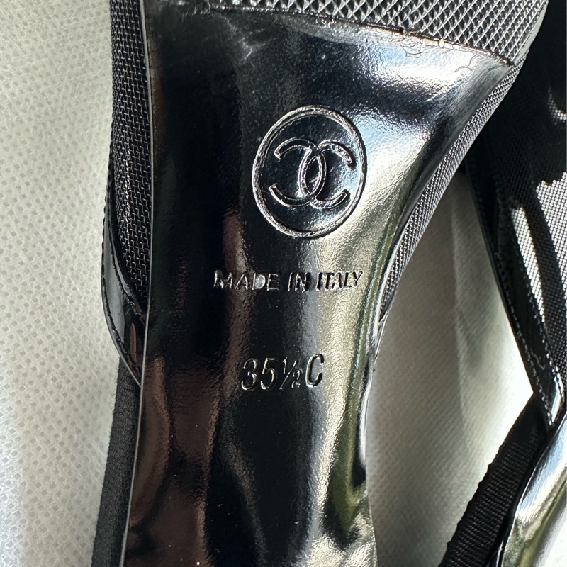 CHANEL黑色網眼皮革山茶花高跟涼鞋35.5-9