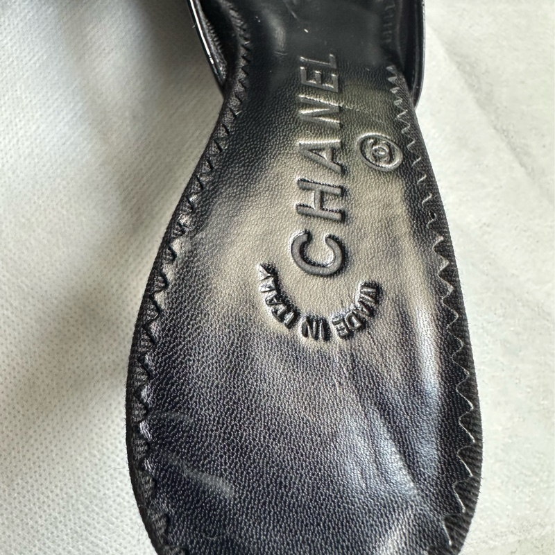 CHANEL黑色網眼皮革山茶花高跟涼鞋35.5-10