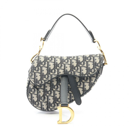 Christian Dior 迷你馬鞍包 Oblique 提花手提包 帆布皮革 海軍藍 二手