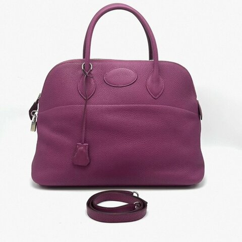 HERMES 玫瑰紫銀扣保齡球35手提肩背斜背包35*26*13.5 98新配件鎖鑰匙塵袋
