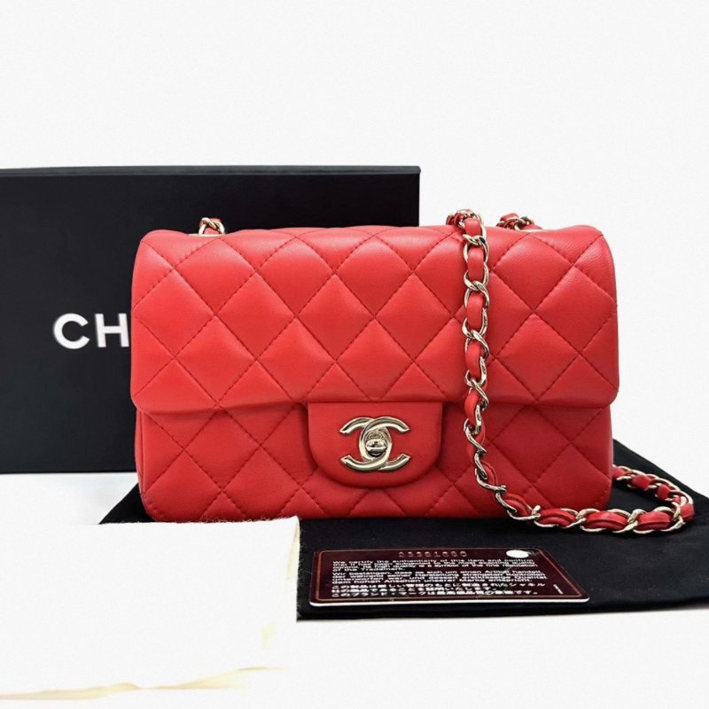 CHANEL 紅金羊皮大mini肩背斜背包20*12*6 98新配件盒子塵袋保卡-1