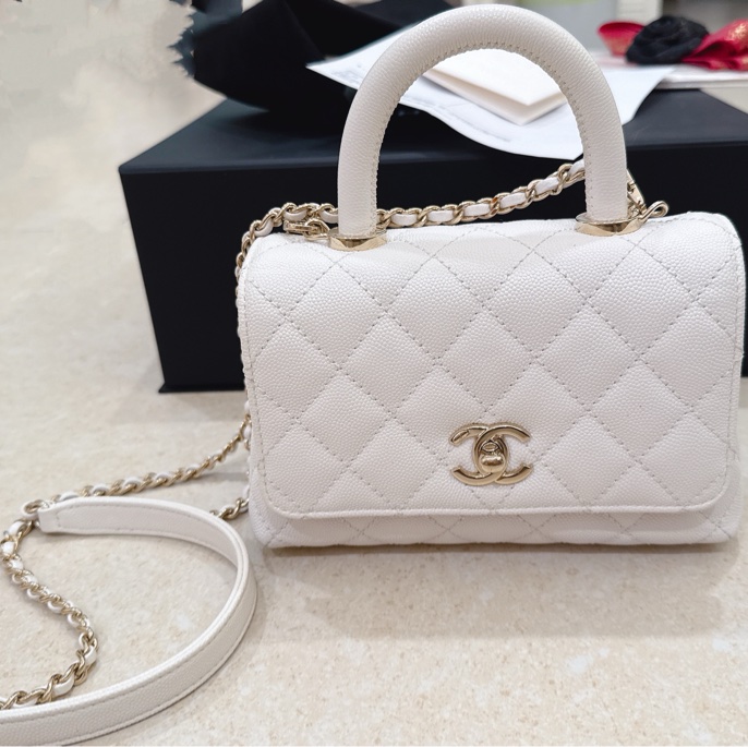 香奈兒Chanel Coco handle Mini 白色荔枝皮-5