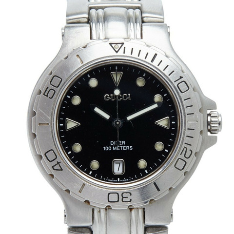 Gucci 男士潛水錶，9750米石英機芯，黑色錶盤，不鏽鋼錶殼
