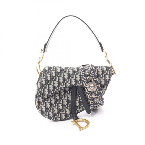 Christian Dior 馬鞍包斜紋提花肩包手提包帆布皮革海軍藍