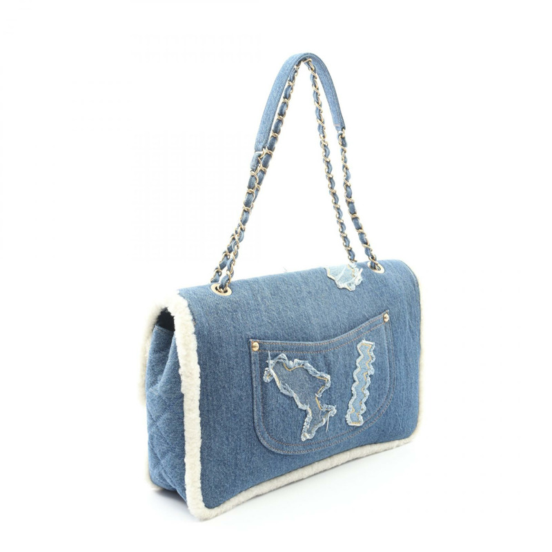 香奈兒埃及系列單背包 WS9714 牛仔布配色，藍白相間，二手，金色五金-1