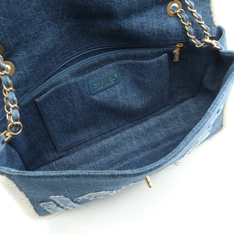 香奈兒埃及系列單背包 WS9714 牛仔布配色，藍白相間，二手，金色五金-2