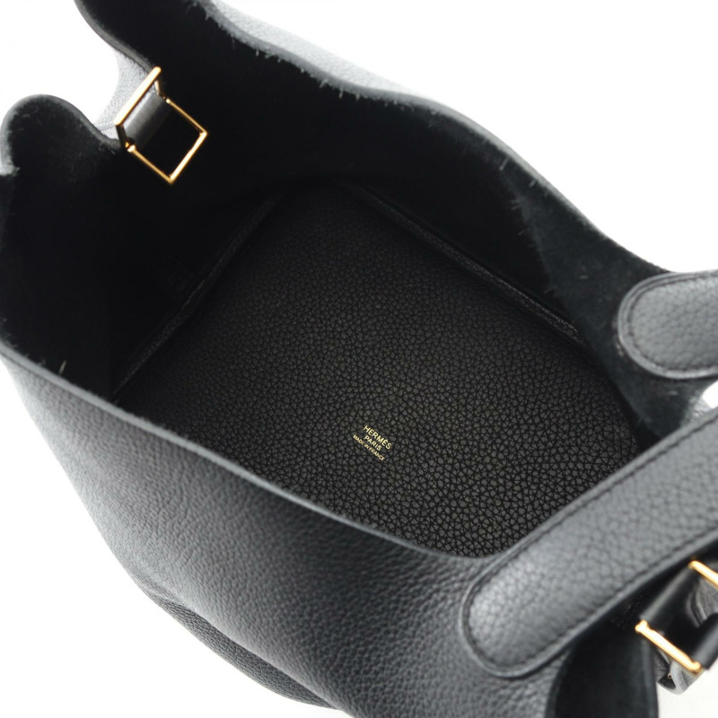 愛馬仕 Picotin Lock MM 手提包，Clemence 皮革，黑色，二手，女士，金色五金 U-2