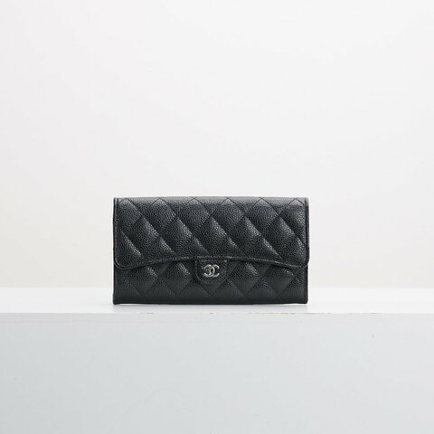 二手Chanel cf口蓋長夾/黑銀牛